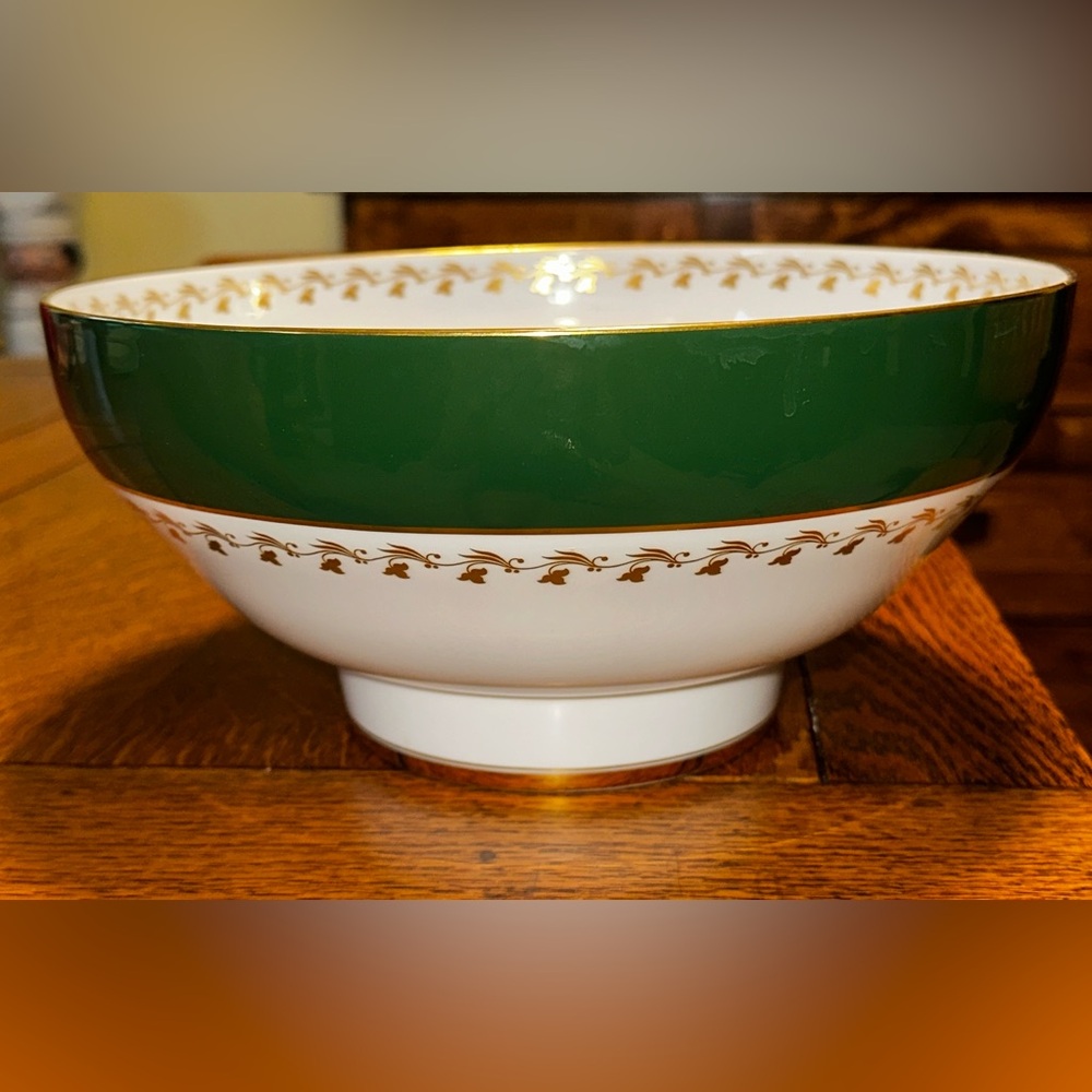 Vintage Spode Bone China England Large Green & White Bowl Pink Rose Strawberries